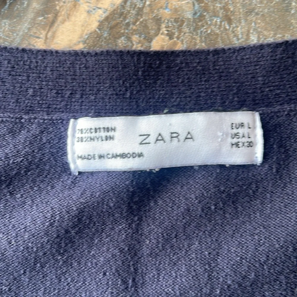ZARA Long fine knit Navy Blue Button-Up Cardigan Size L
